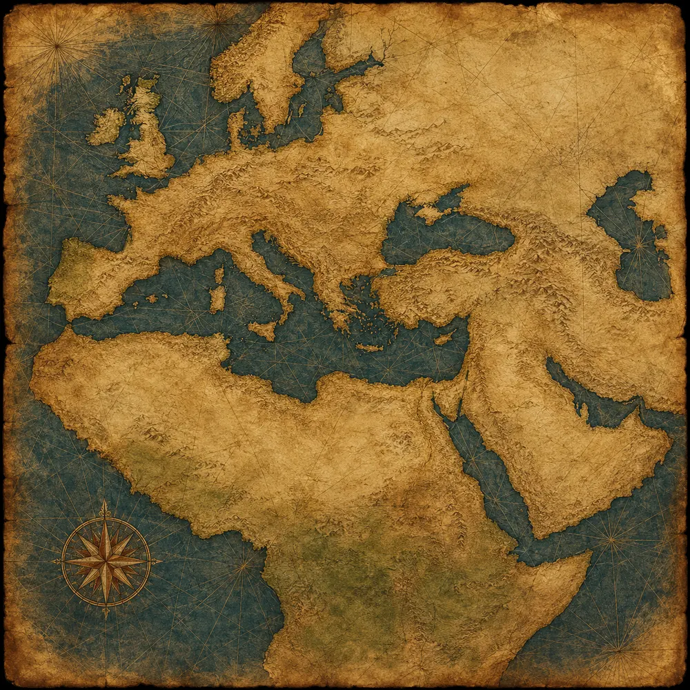 An illustrated historical map of Europe, North Africa, and the Middle East